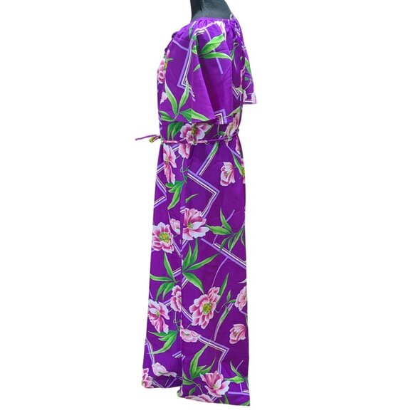 Hilo Hattie Hawaiian Purple Floral Maxi Dress With Belted Waist Short Sleeves Si - Picture 3 of 9